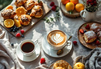 a breakfast spread with coffee and tea, various pastries, and fruits