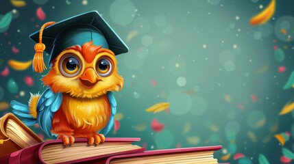 Obraz premium Cartoon bird face with a graduation cap and diploma, school background with books