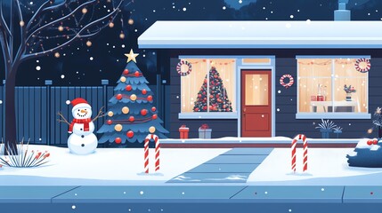 illustration flat design style snowy Christmas scene with a house, a snowman and a decorated tree