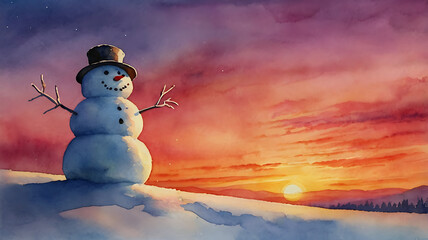 Watercolor painting of a snowman at sunset.