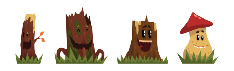 Funny Mushroom Character and Tree Stump with Smiling Face Vector Set