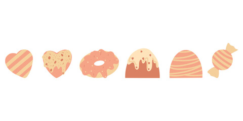 Set of sweets in peachy color on white background, vector illustration, candy, donut, cupcake