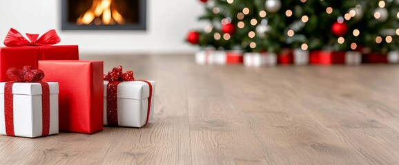 The fireplace serves as a background for the Christmas tree and festive decorations.