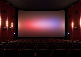 Large empty cinema auditorium with rows of red seats and a big screen displaying a gradient of colors, creating an immersive atmosphere
