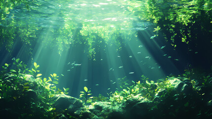 Fototapeta premium A serene underwater scene featuring lush green aquatic plants swaying gently with the current, illuminated by soft sunlight filtering through the water. Lush. Illustration