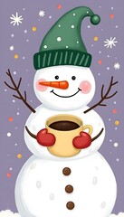 Fototapeta premium Cute Snowman in Winter Hat with Hot Cocoa Mug