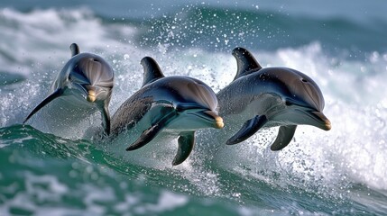 Obraz premium Three stunning dolphins gracefully soar above the turquoise waters, creating a mesmerizing splash as they jump. In this joyful moment, they embrace the vibrancy of marine life