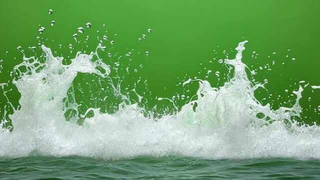Smooth animated ocean waves splashing playfully. Green screen chromakey