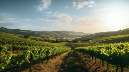 Fototapeta premium A photo of a vineyard with rows of grapevines
