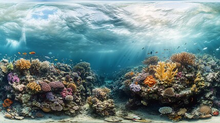 Fototapeta premium Vibrant underwater coral reef panorama with sunbeams.