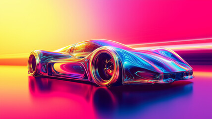 Futuristic car moving at high speed concept horizontal poster. Powerful acceleration of a supercar on a night track with colorful lights and trails. Bright colors. Digital illustration. AI artwork. 