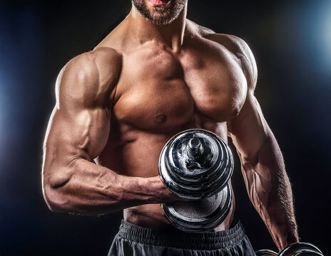 Un homme fait de la musculation avec des halt&egrave;res, lumi&egrave;re studio, fond noir