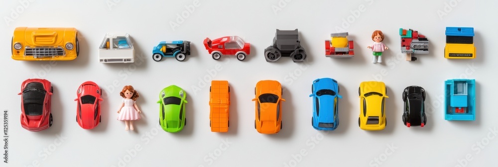 Poster Toys such as cars, blocks, and dolls are creatively arranged on a white background, providing ample space for adding custom text or messages. Generative AI