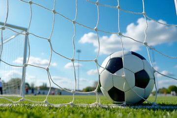 Naklejka premium Classic black and white soccer ball hitting the net, scoring a goal under a bright blue sky