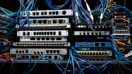 Network Hardware Labyrinth: A mesmerizing close-up of interconnected network devices and cables, creating a complex and intricate web of technology.  
