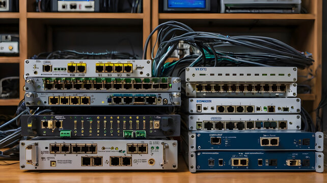 Network Hardware Stacked: A close-up view of a stack of network switches and routers, showcasing the complexity and intricate workings of modern networking infrastructure.  