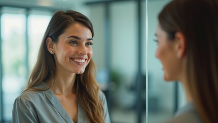 Young woman smiling softly at her reflection in office glass partition, symbolizing self-awareness and positivity