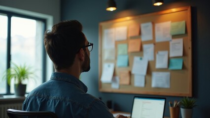 Individual concentrating on a vision board, representing personal growth and goal setting