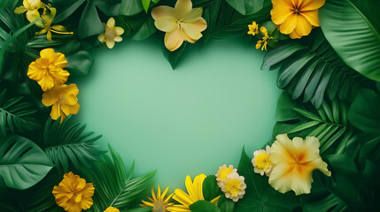 Obraz premium Tropical flowers and green leaves create a heart design in the Amazon, showcasing nature's beauty
