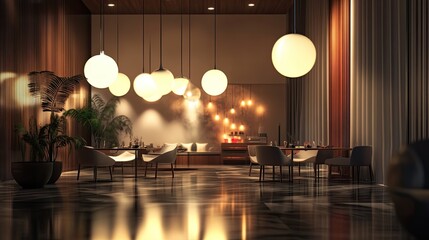 Elegant restaurant interior at night with warm lighting, wooden accents, and marble floors.