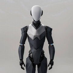A well-designed cartoon robotics engineer character stands confidently, showcasing clean angular lines and a smooth surface with geometric clothing, reflecting a modern aesthetic in 3D art