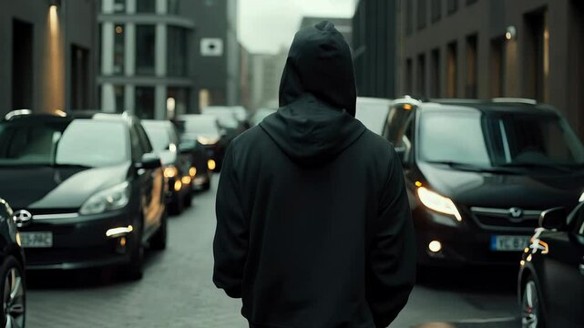 A man walking in the middle of a street wearing a black hoodie