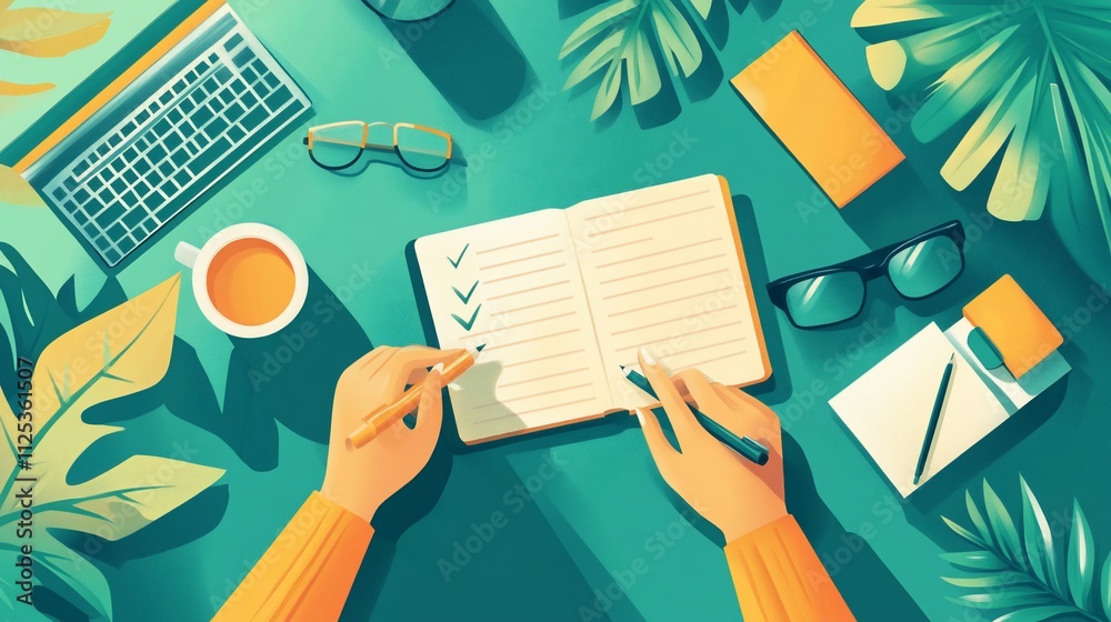 Poster Overhead view of hands checking items off a to-do list in a notebook.
