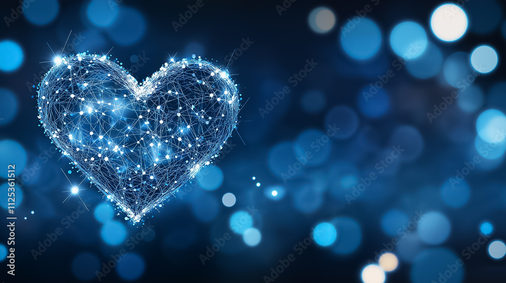 Poster a heart shape is created by a blockchain network design with luminous nodes against a blue bokeh bac