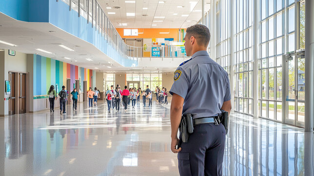 School security officer observing students walking in a bright modern hallway