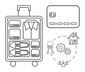 Luggage with neatly packed shirt, shoes, and items credit card house keys gears and people icons symbolizing preparation and strategic planning. Ideal for travel, finance, real estate, organization