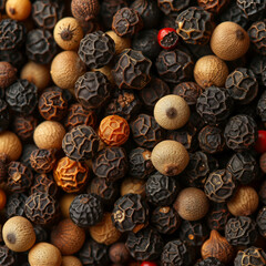 Obraz premium Different types of peppercorns creating a colorful and textured background, ideal for culinary or spice-related themes