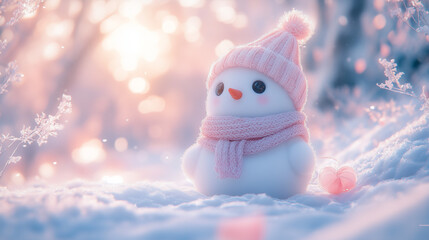 Obraz premium Adorable snowman wearing a pink hat and scarf, glowing softly in a snowy winter landscape