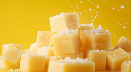 A pile of cheese cubes with a sprinkle of salt on top, shot from above in macro detail with a yellow background, capturing the textures and fine details in high resolution.