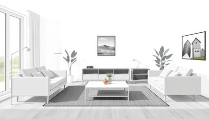 Living room vector showcasing vector art of modern living room furniture, clean lines, and simple design elements in a clear and professional style