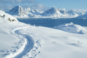 Snow covered landscape with mountains and a serene blue lake
