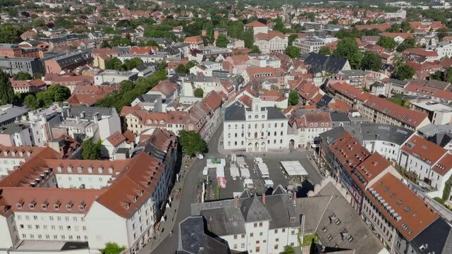 Aerial Drone shot of Weimar old town cultural city in Thuringia, Germany. Summer Day. 
