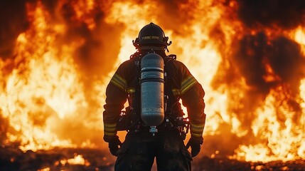 Naklejka premium Firefighter standing in front of a massive fire, wearing full gear and an oxygen tank on their back, facing the flames with determination. 