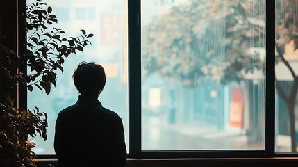 Fototapeta premium A man is sitting in front of a window, looking out at the rain