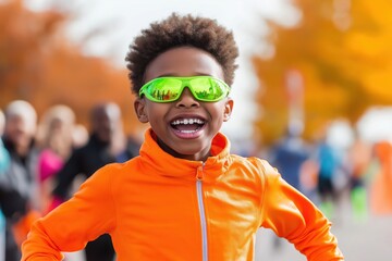 Young athlete celebrates crossing the finish line at their first marathon with joy and determination among cheering supporters
