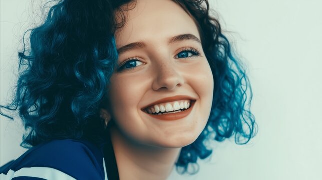 Woman with blue hair and a blue shirt is smiling - Powered by Adobe