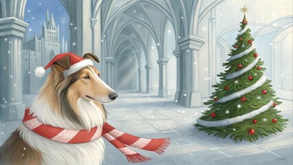 A cute Collie dog in a New Year's hat looks at the Christmas tree in the winter ice palace. A beautiful postcard drawn in a cartoon style.