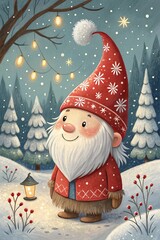 Cute little Scandinavian gnome in a Christmas hat near the Christmas tree in the winter forest. Beautiful vintage postcard hand-drawn in cartoon style.