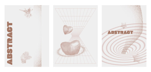 A set of minimalist posters in a trendy style. Abstract y2k elements and harts with a halftone effect, stipple texture. Set of mocha mousse posters.