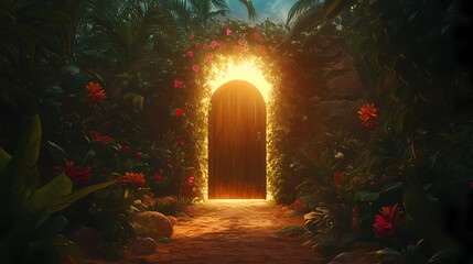 Enchanted portal of inclusivity a magical doorway inviting all creatures, fantasy gateway with room for text, mystical entrance. Radiant. Illustration