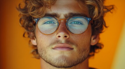 A man with curly hair and round glasses stands confidently, gazing directly into the camera. The bright orange background enhances his striking features and adds energy to the composition.