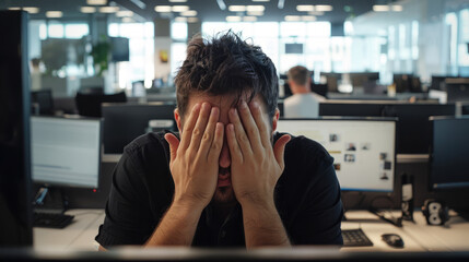 Exhausted Office Worker Takes a Break. Stress, Burnout, and Work-Life Balance in Modern Workspaces