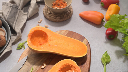 Autumn vegetables arranged on a kitchen worktop