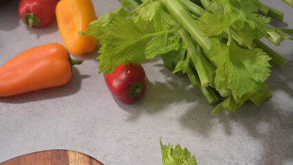 Autumn vegetables arranged on a kitchen worktop