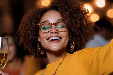 singles day celebration, a vibrant scene of a woman joyfully dancing and raising her glass with friends in a modern loft, celebrating singles awareness day