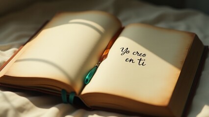 Un libro abierto con p&aacute;ginas amarillentas, un papel con Yo creo en ti y un marcador vibrante sobre tonos neutros. Iluminaci&oacute;n suave para un toque intelectual.